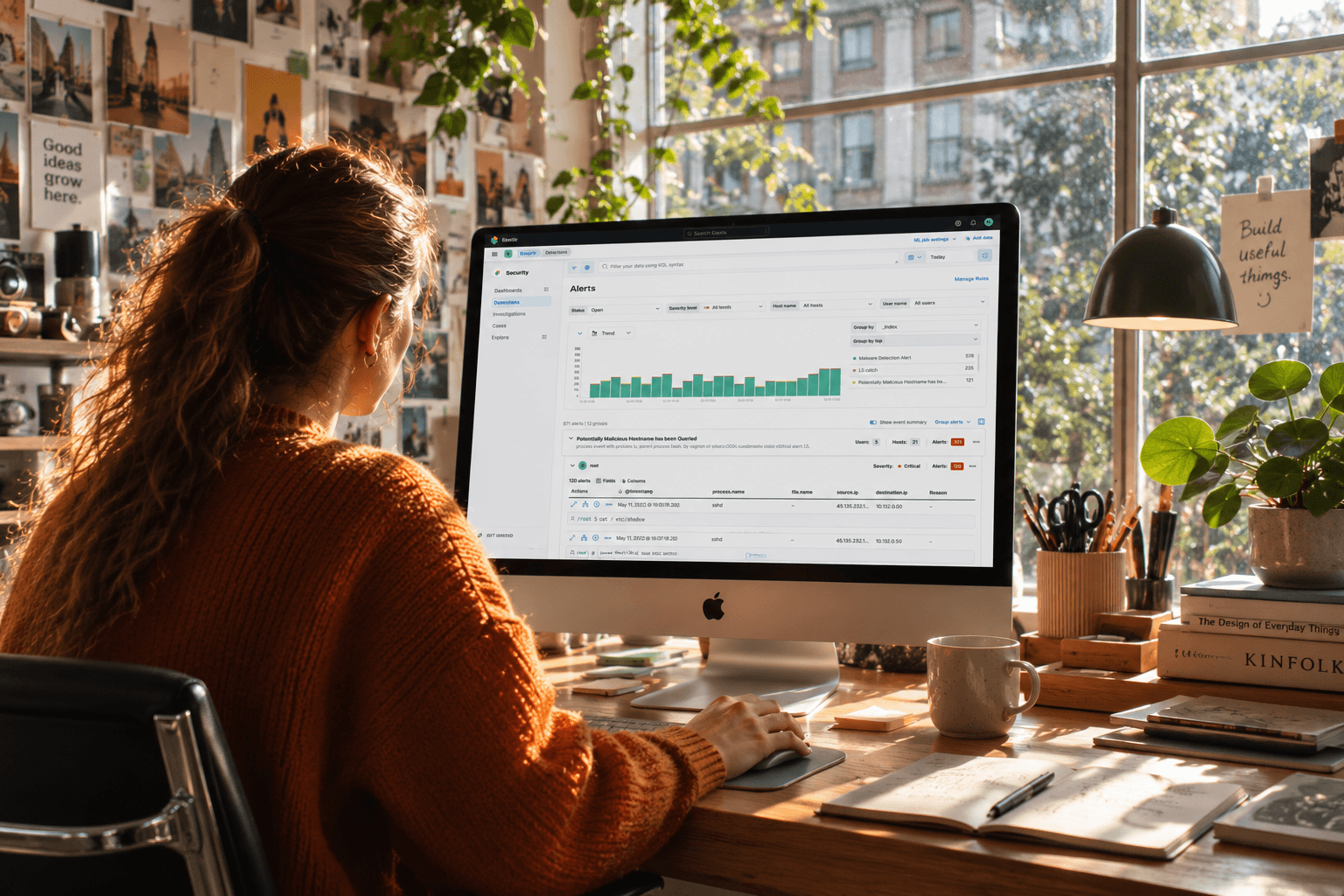 Elastic Security alerts dashboard on a MacBook Air